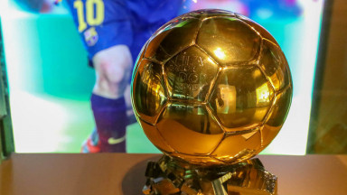 Lionel Messi's Ballon d'Or trophy at the Camp Nou Museum